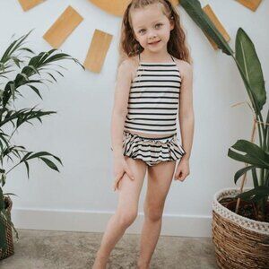 New Little & Lively baby's upf50+ swim top and ruffle bottoms bikini navy stripe